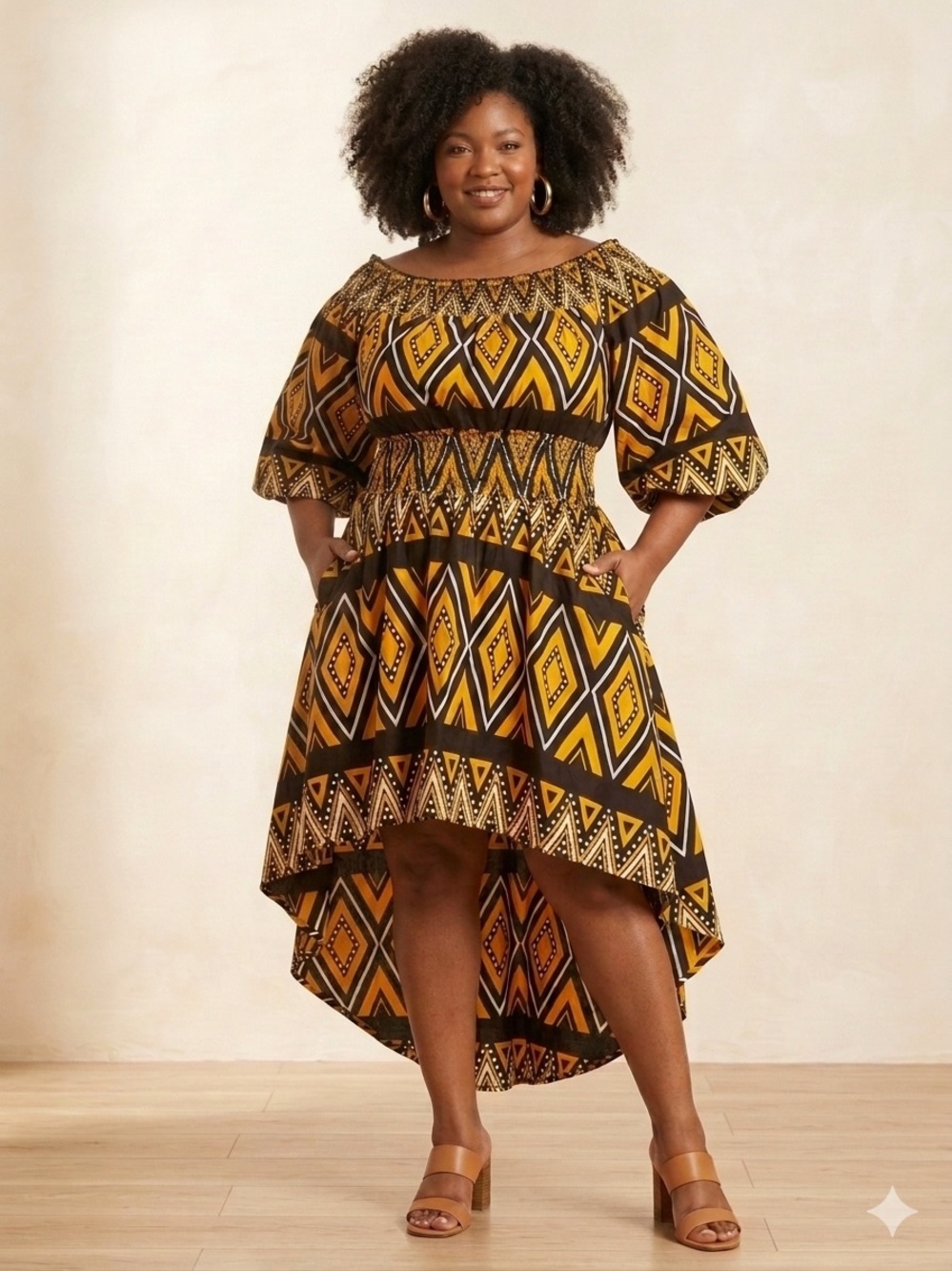 NWT Plus Size Off-Shoulder High-Low Dress and Headscarf in Yellow and Black